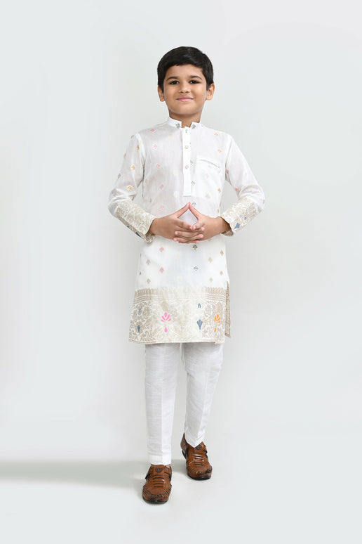 Joban Fashion Jacquard Silk White Kurta With Straight Fit Pant