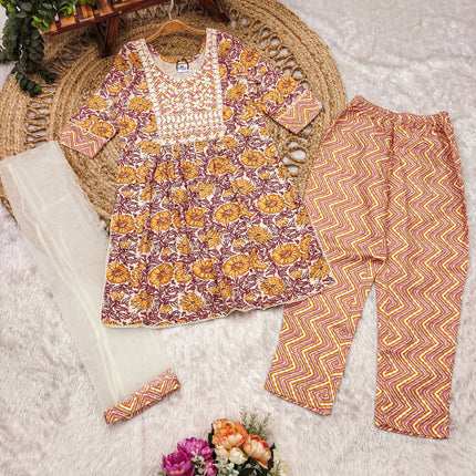 Divine Drape Girls Poly Cotton Yellow Embroidered Straight Kids Kurta Pant With Dupatta