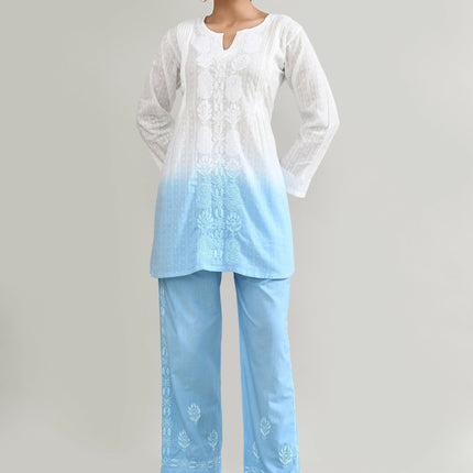 Joban Fashion Womens Cotton ChikanKari Sky Blue & White Cord set