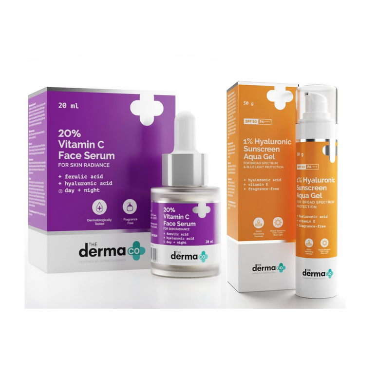 The Derma Co 20% Vitamin C Face Serum & 1% Hyaluronic Sunscreen Aqua Gel Combo