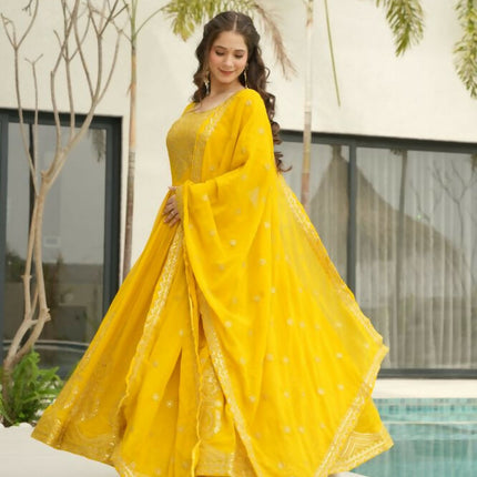 Aastha Fashion Yellow Faux Blooming Embroidery Zari Sequins-work Party Wear Designer Gown