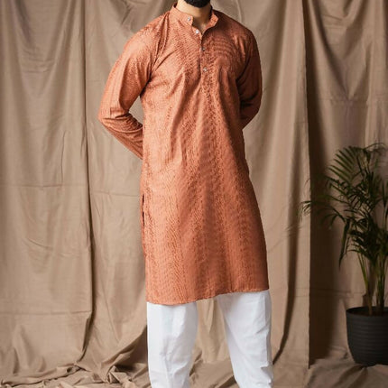 Reddish Orange Rayon Thread Embroidery Work Kurta Set - Mahotsav