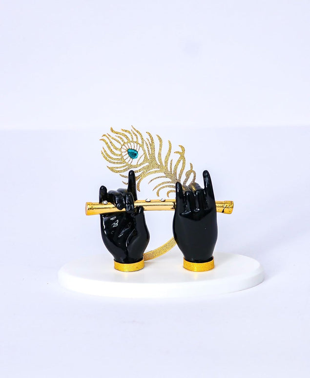 House Of Wemy Gold-Polished Lord Krishna Hands Idol with Flute and Pecock Feather - Black