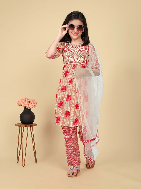 Divine Drape Girls Poly Cotton Red Embroidered Straight Kids Kurta Pant With Dupatta