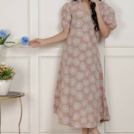 Miravan Womens Puff Sleeve Cheeku Pure Cotton Printed Maxi Dress