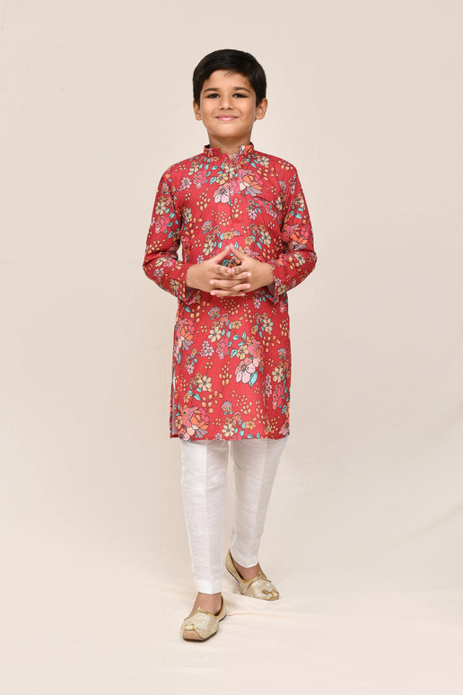 Joban Fashion Cotton Silk Red Kurta With Straight Fit Pant