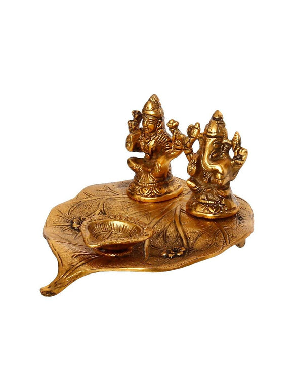 eCraftIndia Antique Gold-Toned Metal Handcrafted Laxmi Ganesh With Diya On Leaf