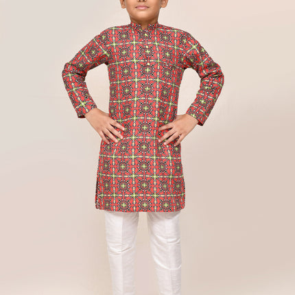 Joban Fashion Cotton Red Kurta With Straight Fit Pant