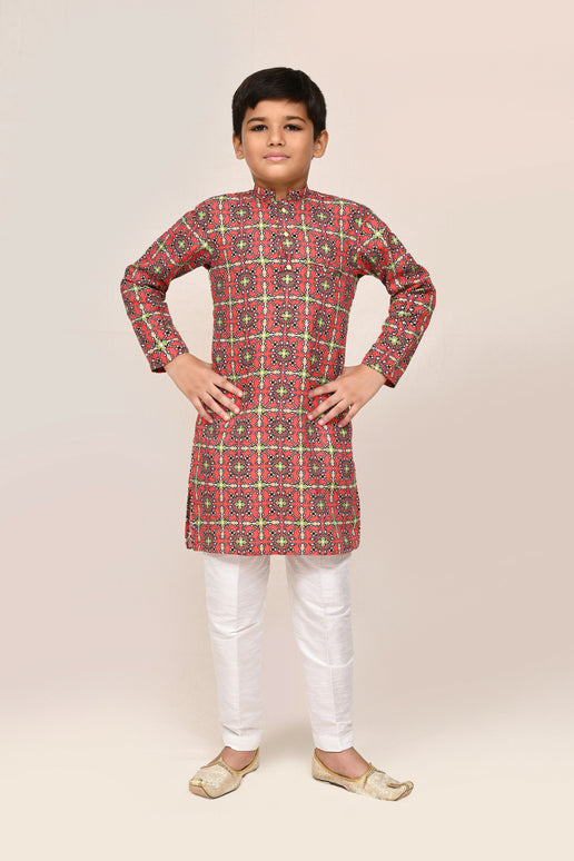 Joban Fashion Cotton Red Kurta With Straight Fit Pant