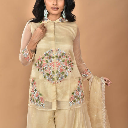 Morchari Women And Hand Embroidery Palazzo Set-Beige