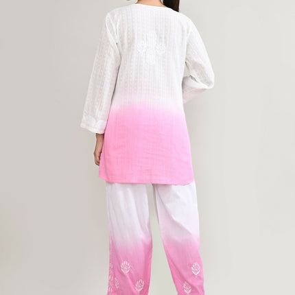 Joban Fashion Womens Cotton ChikanKari Pink & White Cord set