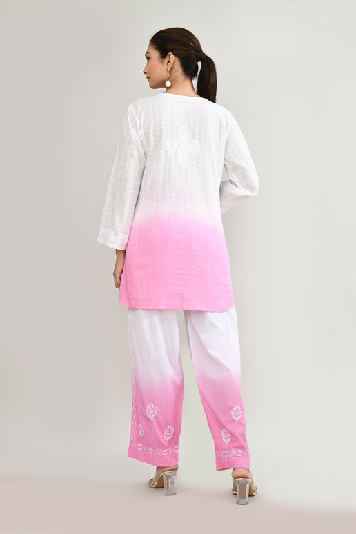 Joban Fashion Womens Cotton ChikanKari Pink & White Cord set