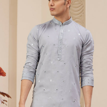 Raivat Ethnic Men's Art Silk Thread Work Kurta Pyjama In Light Grey Colour