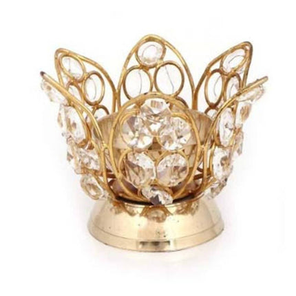 Puja N Pujari Brass Metal Gold-Polished Handcrafted Crystal Diya