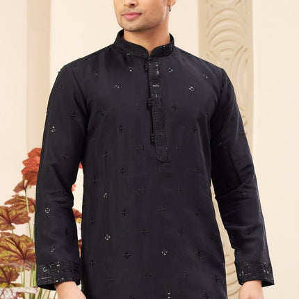 Raivat Ethnic Men's Art Silk Thread Work Kurta Pyjama In Black Colour