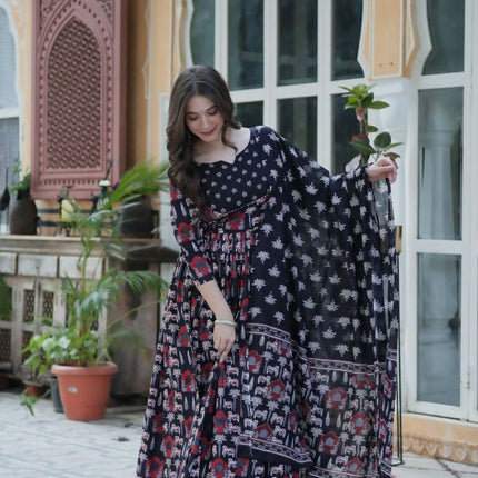 Aastha Fashion Black Pure Cotton Printed Party Wear Designer Gown