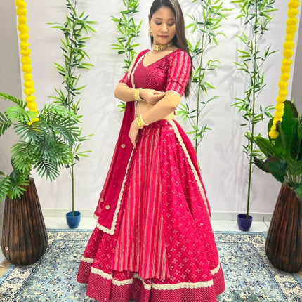Aastha Fashion Rani Pink Heavy Georgette Heavy Embroidery+ Sequence +Ready Lace Semi Stitched Wedding Wear Lehenga Choli