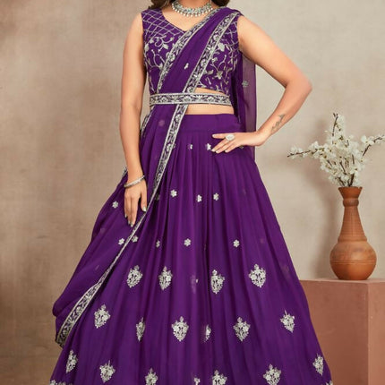 Aastha Fashion Purple Heavy Georgette Embroidery Zari / Sequence Work Semi Stitched Wedding Wear Lehenga Choli