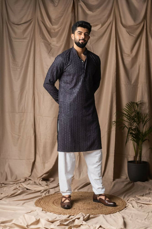 Dark Grey Rayon Thread Embroidery Work Kurta Set - Mahotsav