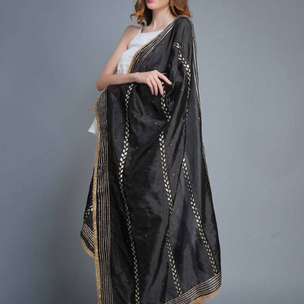 Shehnaai Black Artsilk Dupatta With Sarwoski And Gota Aari Embroidery