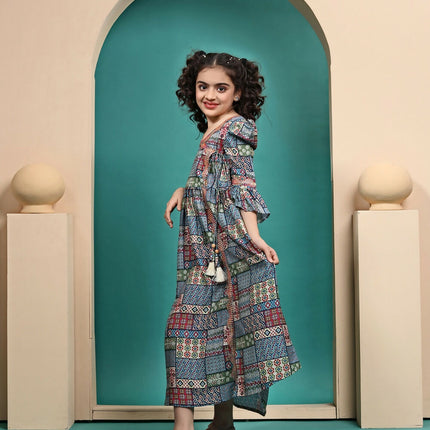 Divine Drape Girls Muslin Blue Printed Kids Anarkali Gown