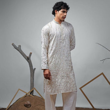 Off White Viscose Designer Embroidery Work Kurta Set - Mahotsav