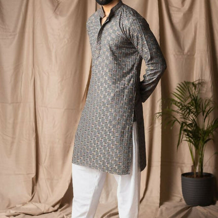 Grey Rayon Thread Embroidery Work Kurta Set - Mahotsav