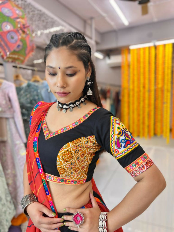 Aastha Fashion Black Rayon Gamthi Work Real Mirror Patch + Embroidery Thread Work Lace + Digital Print Semi Stitched Wedding Wear Lehenga Choli