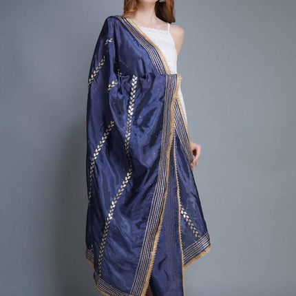 Shehnaai Navy Blue Artsilk Dupatta With Sarwoski And Gota Aari Embroidery