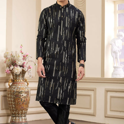 Raivat Ethnic Men's Art Silk Thread Work Kurta Pyjama In Black Colour