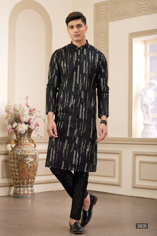 Raivat Ethnic Men's Art Silk Thread Work Kurta Pyjama In Black Colour