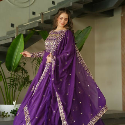 Aastha Fashion Purple Chinnon Sequins-Multi & Beads Embroidered Work Party Wear Designer Gown
