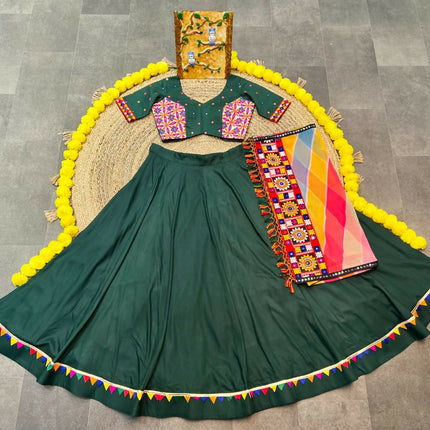 Aastha Fashion Green Rayon Multi Colour Samosa Lace Semi Stitched Wedding Wear Lehenga Choli