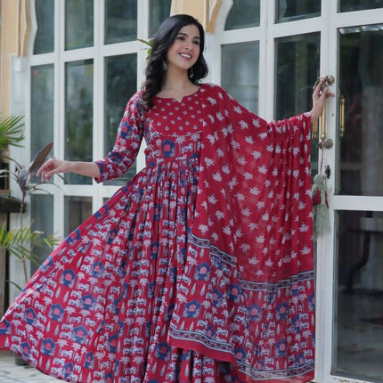 Aastha Fashion Maroon Pure Cotton Printed Party Wear Designer Gown