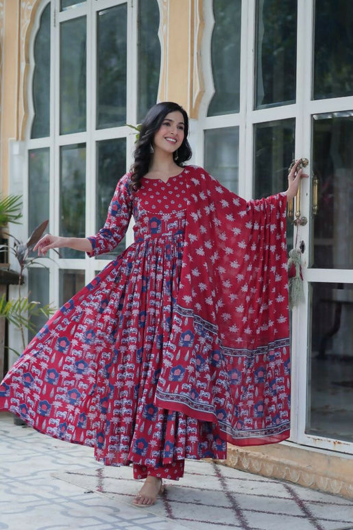 Aastha Fashion Maroon Pure Cotton Printed Party Wear Designer Gown