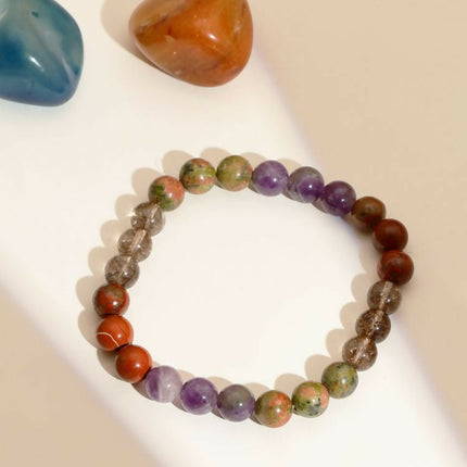 Red Carnelian, Lapis Lazuli, Amethyst and Green Avanturine Multicoloured Cyrstal Beads bracelet - Ruby Raang
