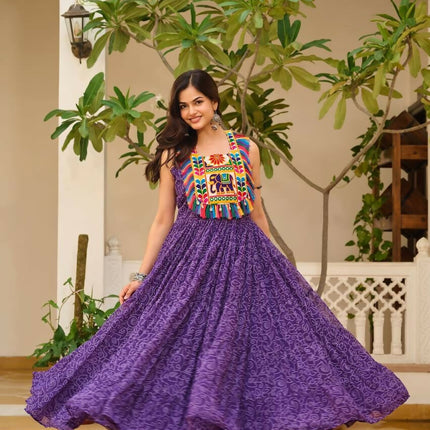 Aastha Fashion Purple Faux Georgette Bandhani Print Navratri Designer Gown Collection