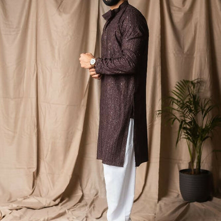 Dark Brown Rayon Thread Embroidery Work Kurta Set - Mahotsav
