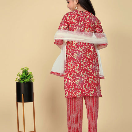 Divine Drape Girls Poly Cotton Red Embroidered Straight Kids Kurta Pant With Dupatta