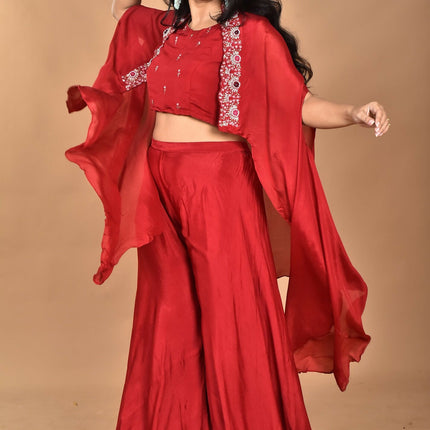 Morchari Women And Hand Embroidery Palazzo Set-Maroon