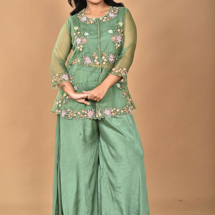 Morchari Women And Hand Embroidery Palazzo Set-Green