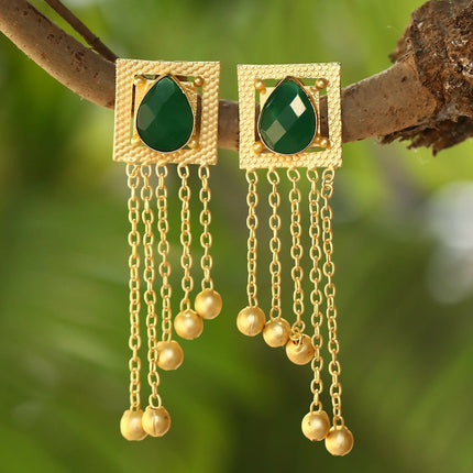 Joban Fashion Women Green Stone Golden Beats Matte Gold Earrings