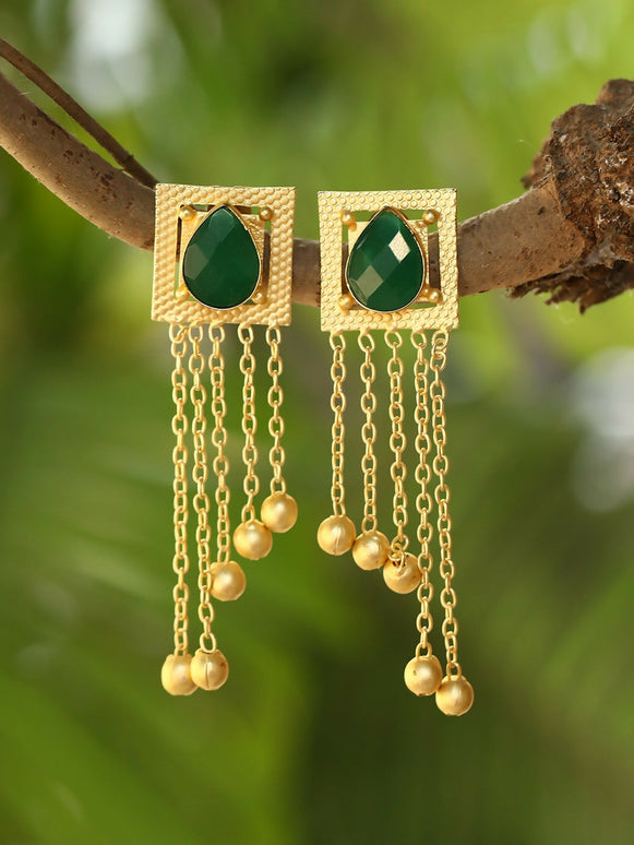 Joban Fashion Women Green Stone Golden Beats Matte Gold Earrings