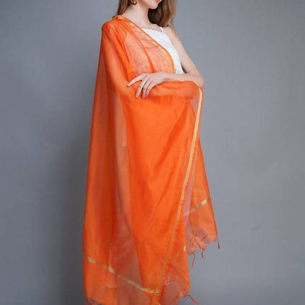 Shehnaai Chanderi Silk Dupatta In Orange Colour With Golden Woven Border