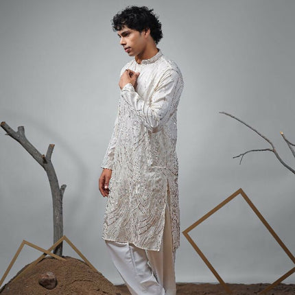 Off White Viscose Designer Embroidery Work Kurta Set - Mahotsav