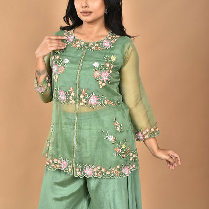 Morchari Women And Hand Embroidery Palazzo Set-Green