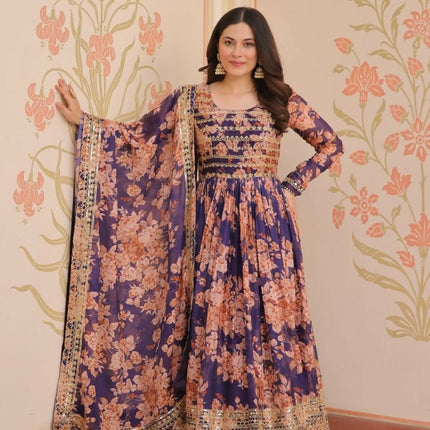 Aastha Fashion Purple Russian Silk Digital Print With Embroidered Sequins Work Party Wear Designer Gown