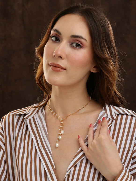 Beaded Pearl Drop One-Sided Layered Necklace - Ruby Raang