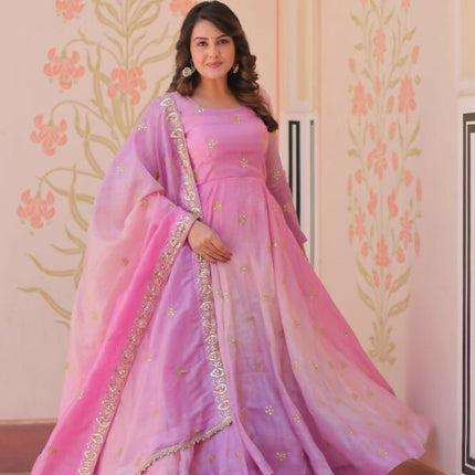 Aastha Fashion Pink Pedding Gold Organza Sequins-Multi & Zari Embroidered Work Party Wear Designer Gown