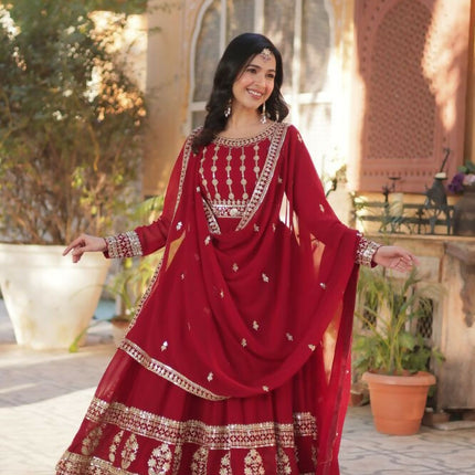 Aastha Fashion Maroon Faux Blooming Embroidery Zari Sequins-work Party Wear Designer Gown